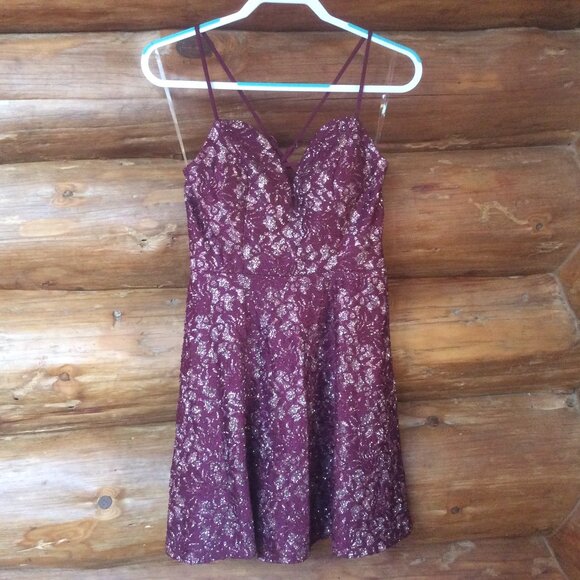 Speechless Mulberry/Gold Glitter Lace Fairygoth Fit & Flare Mini Dress Size 13 - Picture 2 of 6